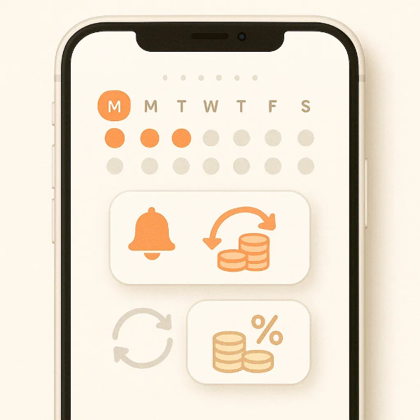 자동저축 스케줄을 보여주는 스마트폰 화면, 알림 및 이체 아이콘이 강조된 UI