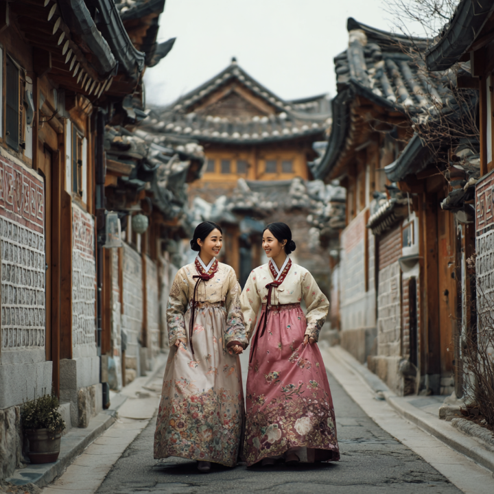 한복을 입고 고즈넉한 한옥마을을 거닐고 있는 젊은 여성