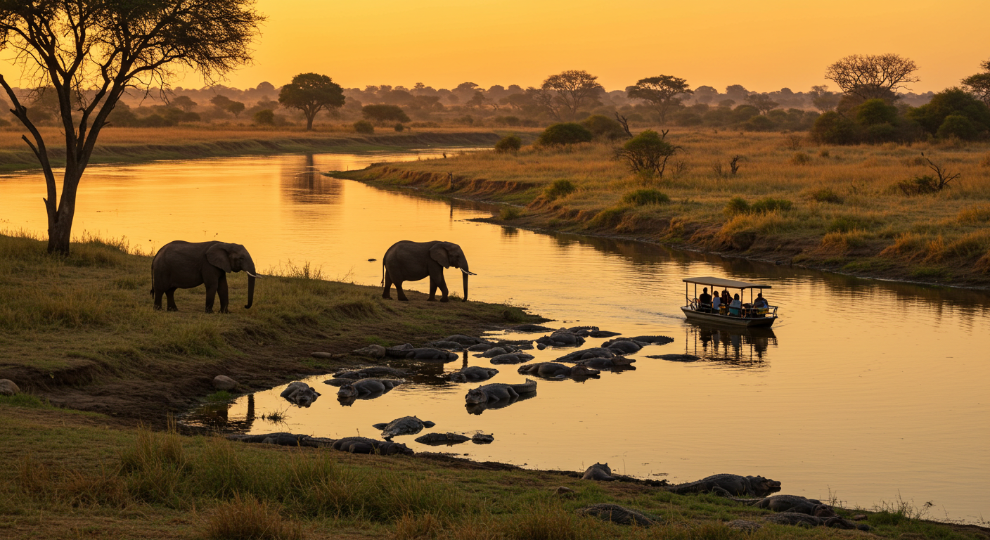 강가의 코끼리 무리, 하마, 악어, 그리고 보트 사파리