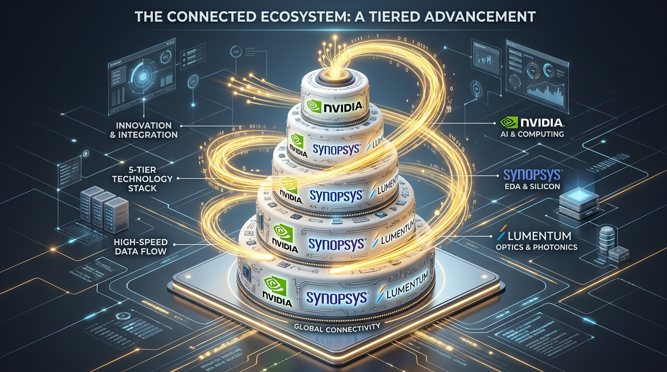 거대한 5단 초콜릿 케이크 위에 엔비디아(1층)부터 어플리케이션(5층)까지 층별로 기업 로고가 장식되어 있고, 각 층을 황금색 광섬유가 빛의 속도로 휘감고 있는 3D 인포그래픽 일러스트