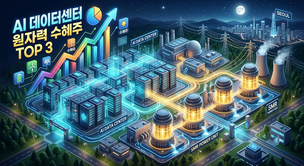 야간에 빛나는 AI 데이터센터 옆에 위치한 SMR(소형모듈원자로) 3D 그래픽 이미지 (텍스트: AI 데이터센터 원자력 수혜주 TOP 3)