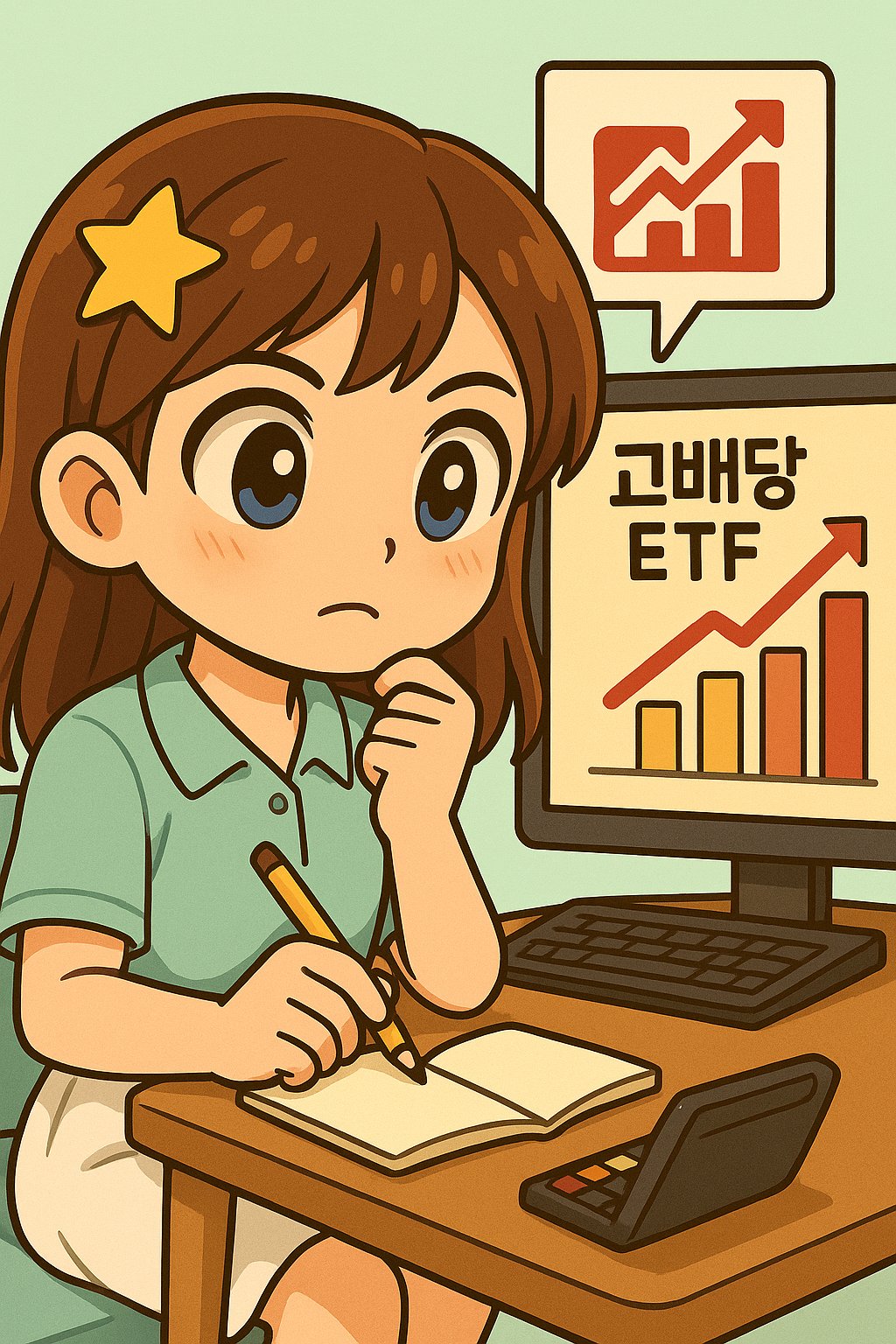 고배당 ETF 차트를 보며 공부 중인 헤롱이 캐릭터 일러스트