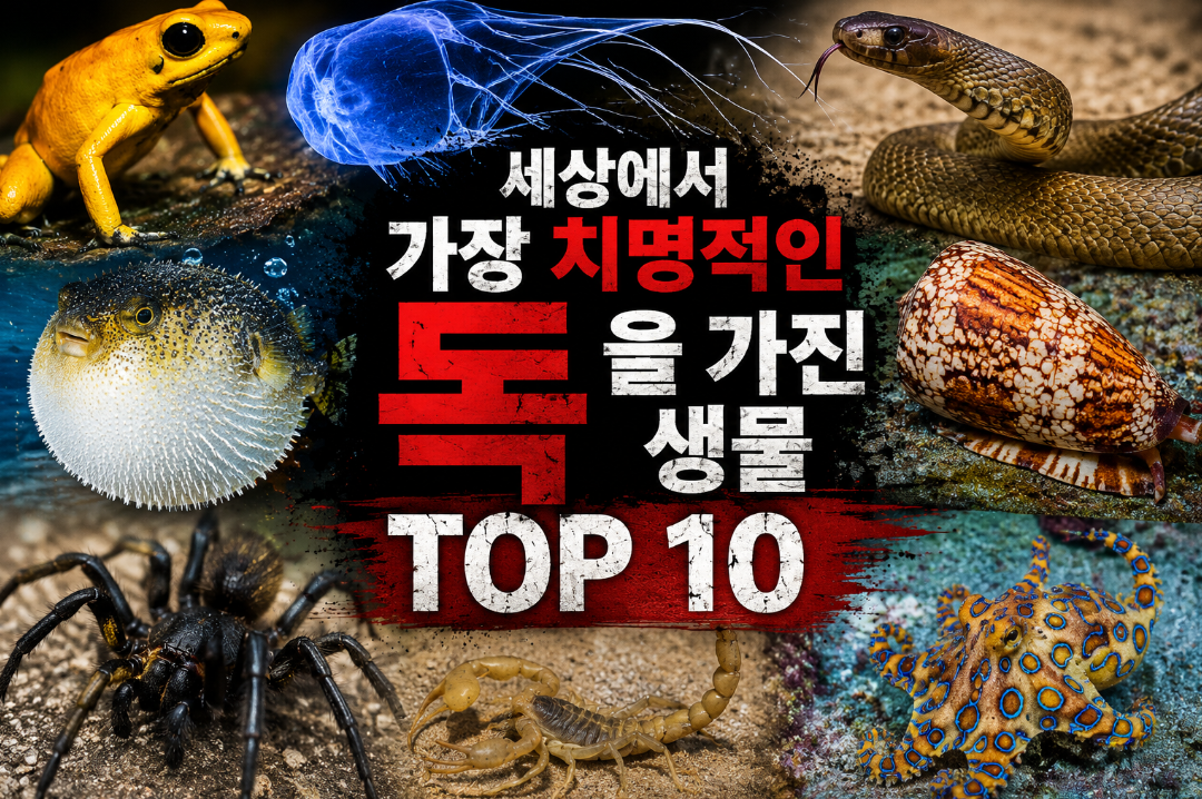 독화살개구리, 상자해파리, 독사, 복어, 원뿔고둥, 거미, 전갈, 파란고리문어 등 치명적인 독성 생물들이 강렬한 배경과 함께 배치되고 중앙에 ‘세상에서 가장 치명적인 독을 가진 생물 TOP 10’ 문구가 강조된 유튜브 썸네일 스타일 이미지