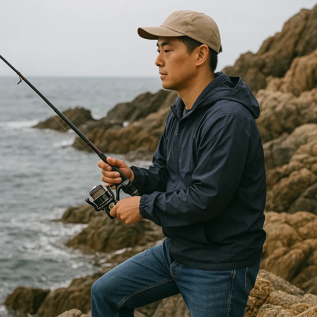 바위 해안에서 낚시하는 동양인 남성 모습