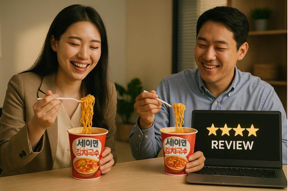 세이면 김치국수를 즐기는 소비자들의 긍정적인 후기를 상징하는 장면