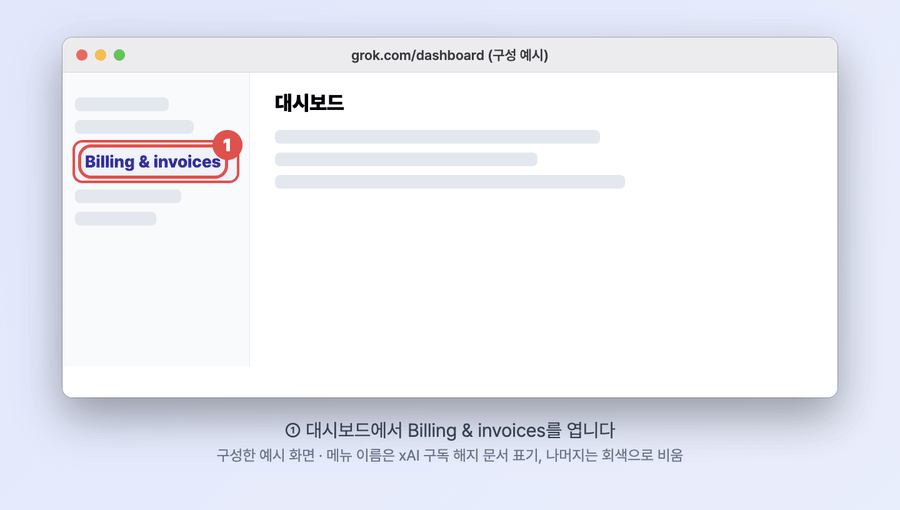 grok.com 대시보드에서 Billing & invoices를 열고, 현재 플랜의 옵션을 열어, 안내에 따라 해지하는 순서를 번호로 보여 주는 구성 예시 화면