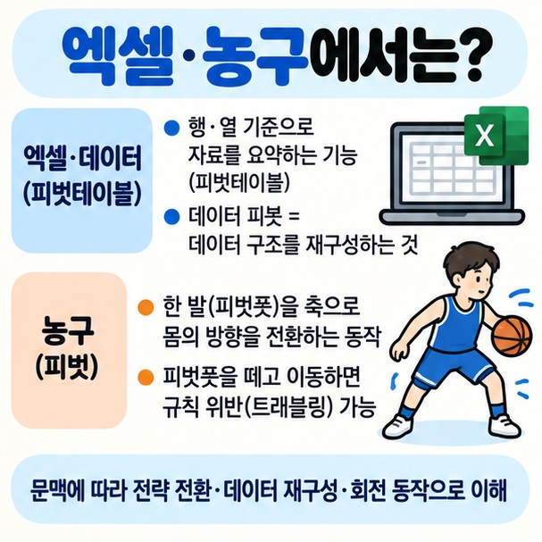 엑셀 피벗테이블과 농구 피벗풋 동작의 차이를 보여주는 이미지