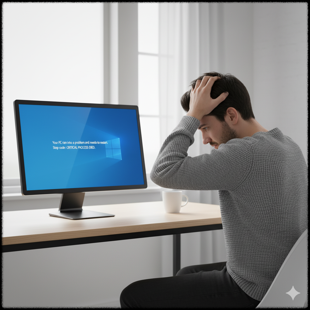 블루스크린 발생 후 걱정하는 사용자의 모습