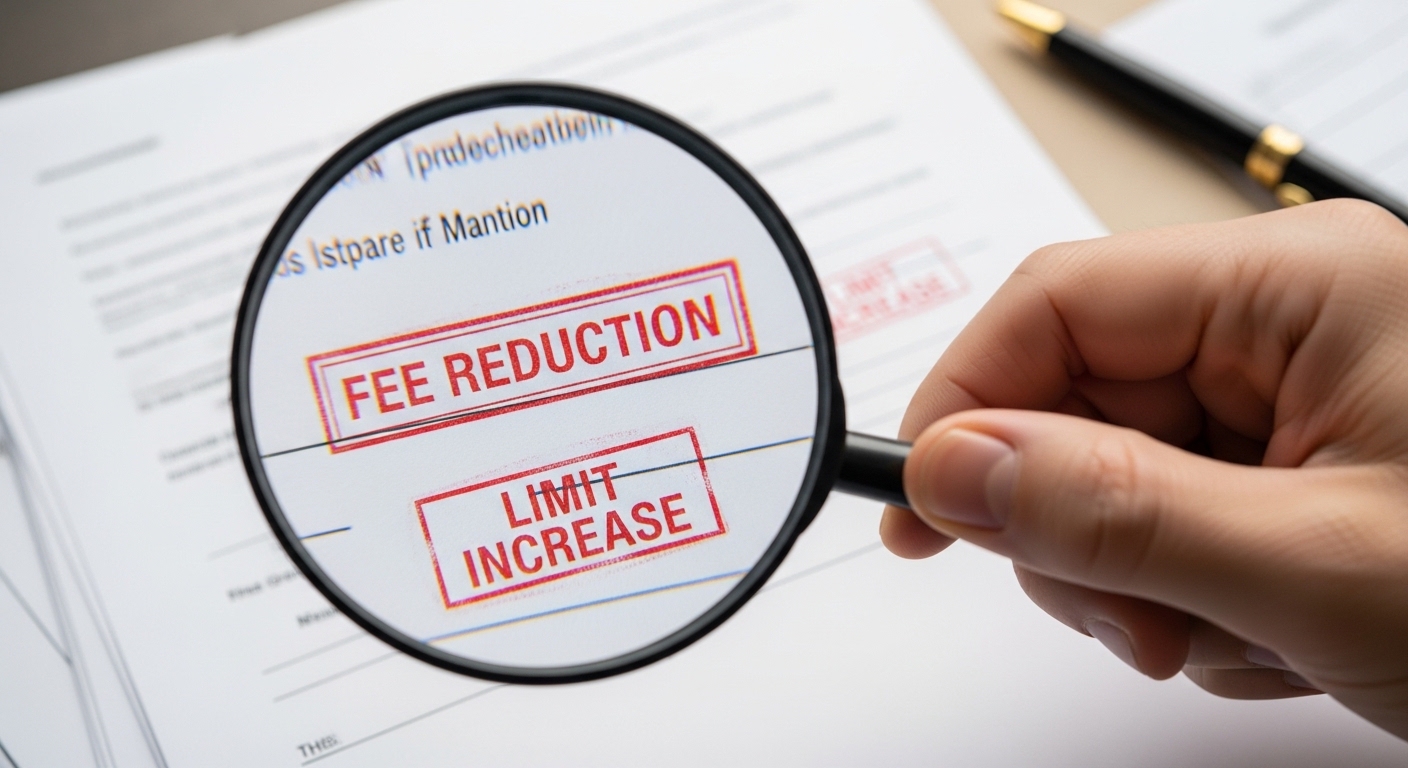 Close-up of a hand reviewing documents with a magnifying glass and stamps reading 'Fee Reduction' and 'Limit Increase' pressed on the paper.