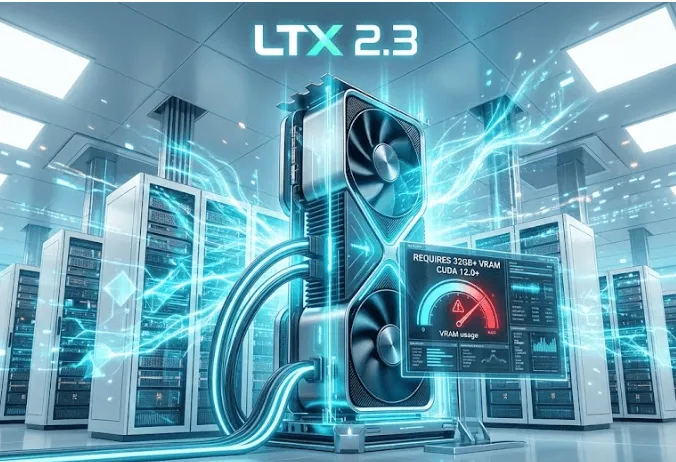 LTX-2.3: 미래적인 데이터 센터 내부에 흰색 서버 랙이 양쪽으로 늘어서 있습니다. 천장과 바닥에는 세련된 조명이 비춥니다. 데이터 센터 중앙에 네온 청록색 데이터 스트림으로 둘러싸인 거대한 수직 GPU 구조체가 우뚝 서 있습니다. 이 스트림은 주변 랙과 바닥으로 퍼져 나갑니다. GPU 앞 오른쪽에는 투명한 홀로그램 디스플레이가 떠 있습니다. 디스플레이 상단에는 &amp;quot;REQUIRES 32GB+ VRAM&amp;quot; 및 &amp;quot;CUDA 12.0+&amp;quot;라는 영문 텍스트가 있으며&amp;#44; 그 아래로 속도계 형태의 &amp;#39;VRAM usage&amp;#39; 게이지가 빨간색 위험 영역을 가리키고 있습니다. 다른 시스템 그래프와 데이터 목록도 보입니다. 이미지 상단 중앙에는 크고 세련된 영문 텍스트 &amp;quot;LTX 2.3&amp;quot;이 있습니다. 이미지 하단 중앙에는 한국어 텍스트 &amp;quot;[GPU: 거대한 힘의 근원]&amp;quot;이 있습니다. (Future data center&amp;#44; huge vertical GPU with two fans&amp;#44; neon blue data streams&amp;#44; holographic display&amp;#44; red VRAM usage gauge&amp;#44; LTX 2.3 title) 