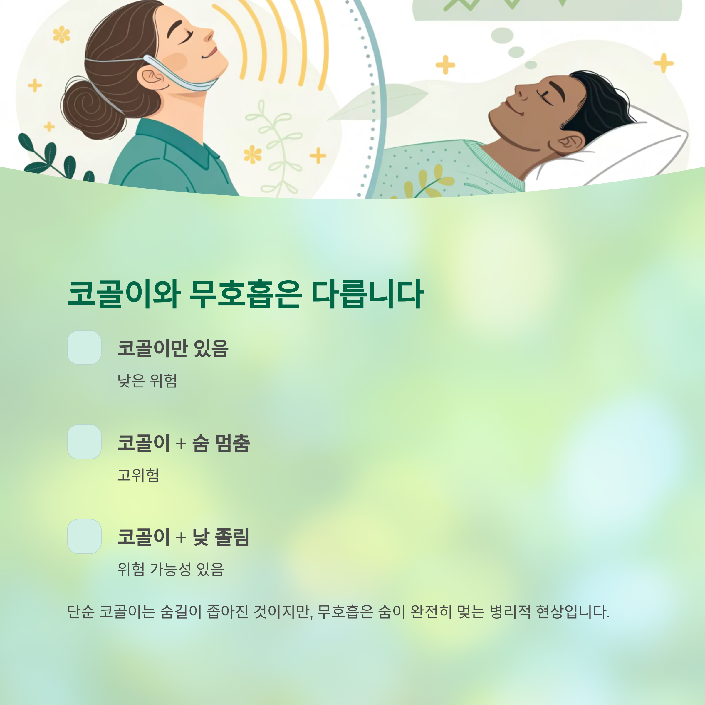 잠들 때 숨 멈춘다면? 수면 무호흡증 자가 진단으로 목숨 구하기 - 자면서 숨이 멎는다면 단순 코골이가 아닙니다 - 단순 코골이와 무호흡은 전혀 다릅니다 잠들 때 숨 멈춘다면? 수면 무호흡증 자가 진단으로 목숨 구하기 - 자면서 숨이 멎는다면 단순 코골이가 아닙니다 - 단순 코골이와 무호흡은 전혀 다릅니다