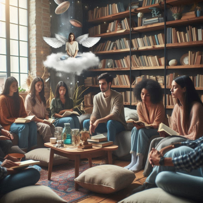 창가 옆에서 책을 읽으며 대화하는 사람들.