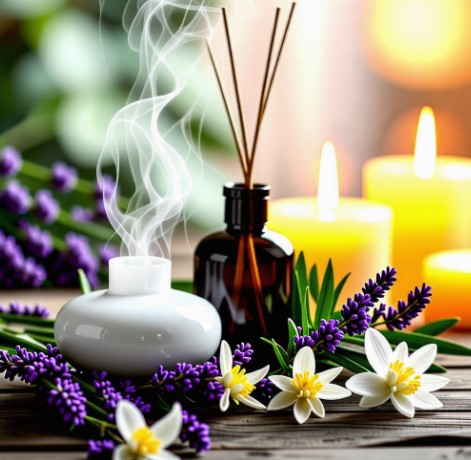 아로마세러피와 관련된 오일병과 디퓨저, 라벤더 꽃이 있습니다.
