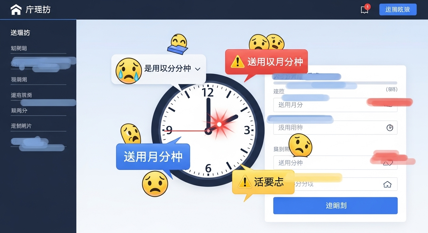 청약 마감 임박 시간을 나타내는 시계와 불안해하는 사람들, 청약 시스템 오류 화면이 결합된 이미지
