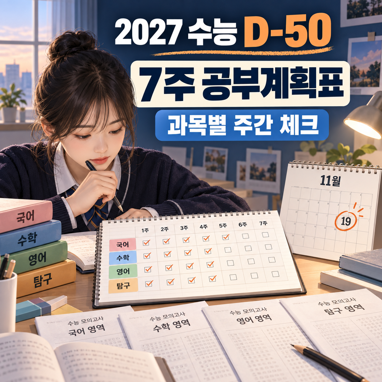 2027 수능 D-50 공부계획표 - 국어&middot;수학&middot;영어&middot;탐구 주간 체크표