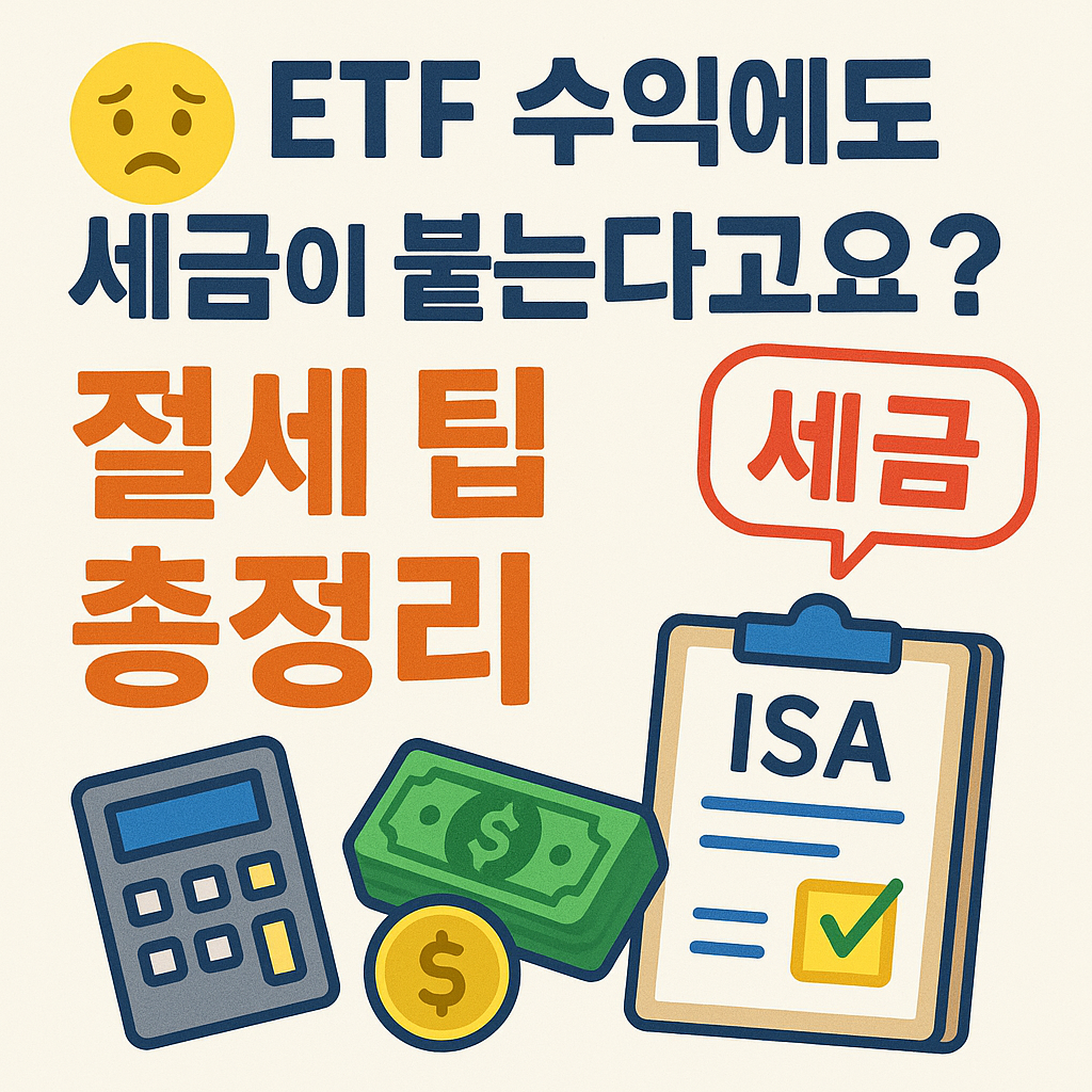 ETF 수익 과세와 절세 팁을 다룬 인포그래픽 썸네일 - 계산기, 세금, ISA 이미지 포함