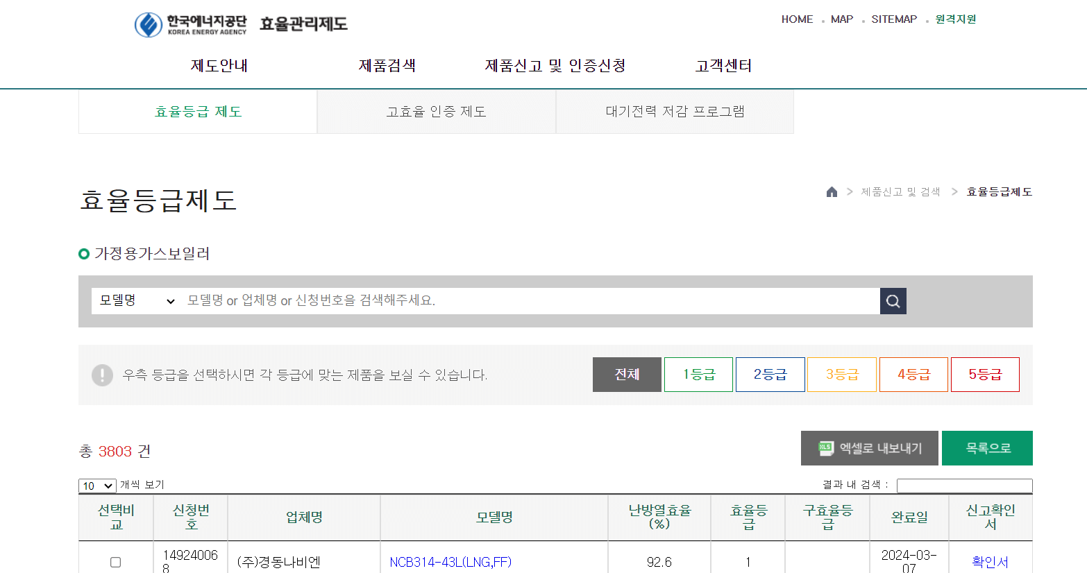 에너지공단 효율관리제도 홈페이지에 접속
