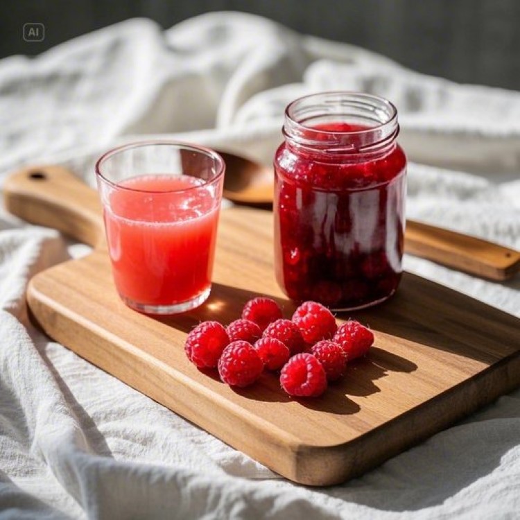 나무 도마 위에 놓인 신선한 빨간 산딸기들과 유리병에 담긴 루비색 산딸기 잼, 투명한 잔에 담긴 분홍빛 산딸기 주스가 자연광 아래에서 빛나는 모습. 백그라운드에는 흰색 리넨 천과 나무 숟가락들이 자연스럽게 배치되어 있어 따뜻하고 건강한 홈메이드 요리의 분위기를 연출.