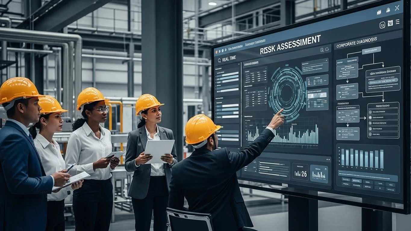 현대적인 산업 환경에서 안전모를 쓴 엔지니어와 정장 차림의 경영진이 실시간 위험성평가 대시보드와 기업진단 차트를 보며 협력하는 모습. 상시평가 도입과 리스크 관리 효율성을 상징.