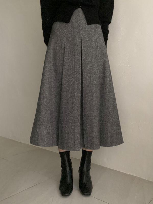 L제작 하이웨스트 헤링본 A라인 핀탁주름 플리츠 롱 겨울 스커트 울50