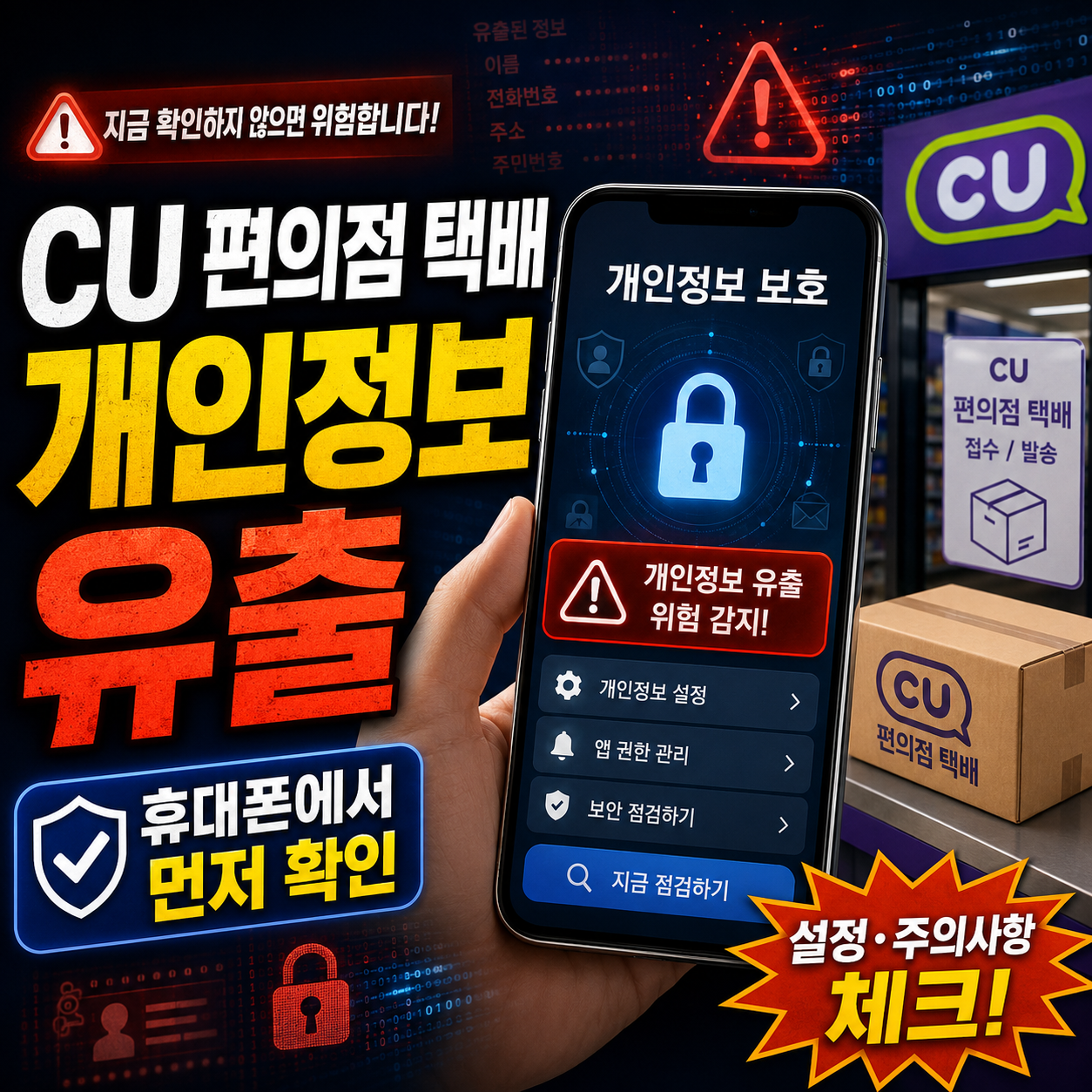 CU 편의점 택배 개인정보 유출 위험과 휴대폰 보안 설정 및 주의사항을 안내하는 썸네일