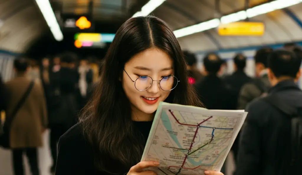지하철 노선도를 보는 여성