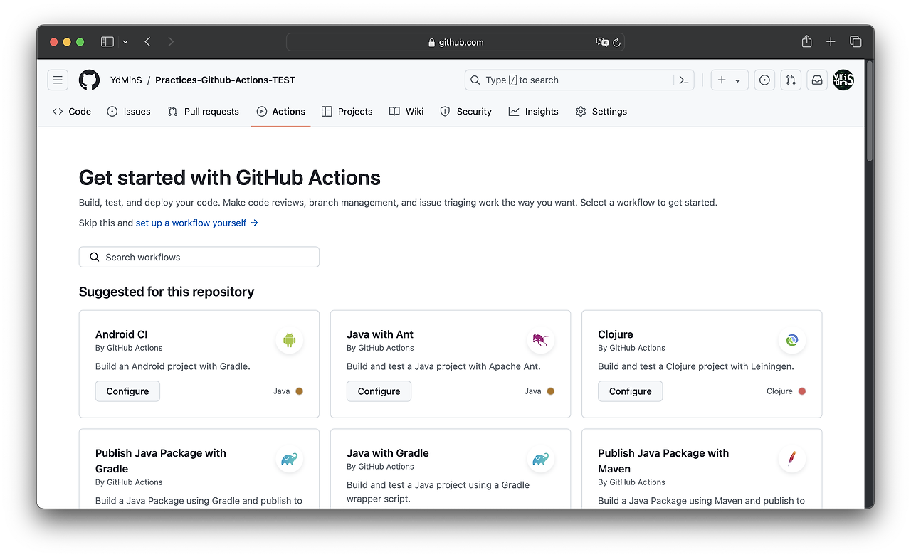 GitHub Actions 탭 내 모습이다.