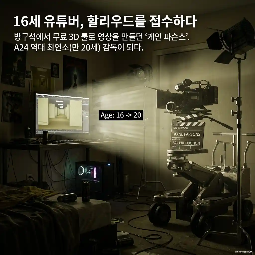 케인 파슨스 16세 유튜버 A24 역대 최연소 만 20세 감독 인포그래픽 - 방구석 무료 3D 툴 블렌더에서 할리우드 A24 접수까지