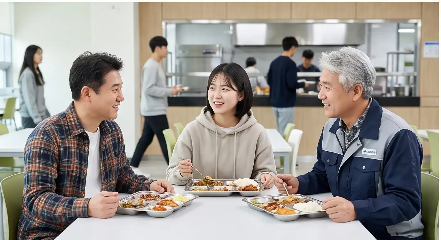 폴리텍 학생 식당에서 함께 무료 급식을 먹으며 대화를 나누는 청년 및 중장년 교육생들 일러스트