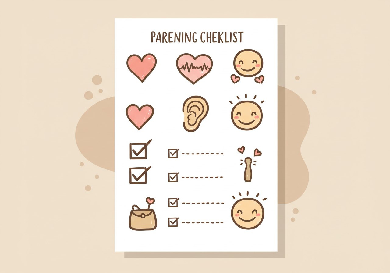 공감형 양육 팁이 일러스트 아이콘과 함께 체크된 일러스트 메모