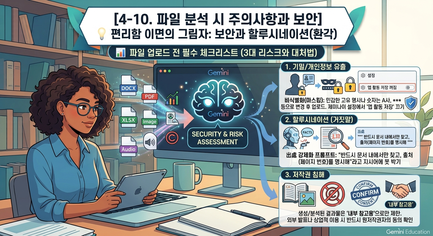 파일 업로드 전 필수 체크리스트와 보안 가이드를 다룬 일러스트. 여성이 태블릿과 노트북으로 작업하는 가운데, 다양한 파일 포맷이 제미나이로 입력되기 전 '보안 및 리스크 평가(Security & Risk Assessment)' 관문을 거칩니다. 우측에는 3대 리스크와 대처법이 명시되어 있습니다. 1. 기밀/개인정보 유출 방지(비식별화 마스킹 및 앱 활동 저장 끄기 설정), 2. 할루시네이션 방지(출처 강제화 프롬프트 돋보기 아이콘), 3. 저작권 침해 방지(내부 참고용 사용을 알리는 동의 및 악수 아이콘).