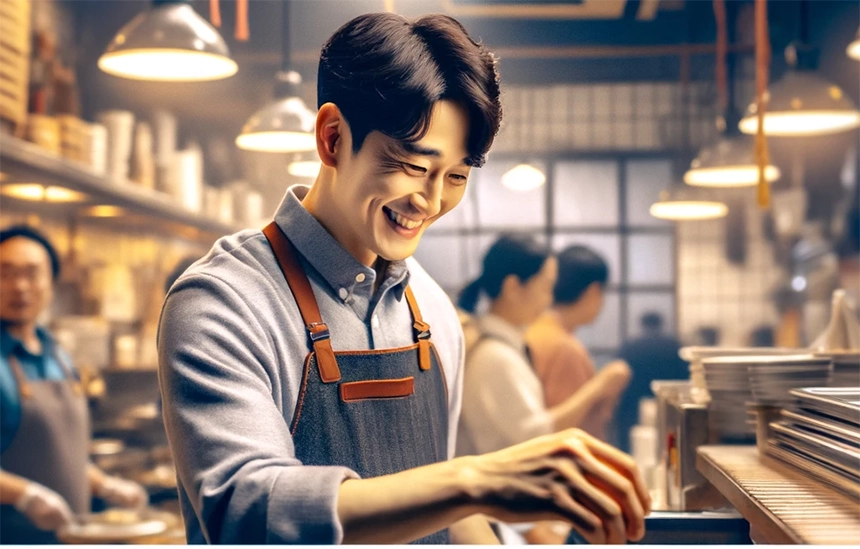 음식점에서 사장님이 즐겁게 음식을 만들고 있다.