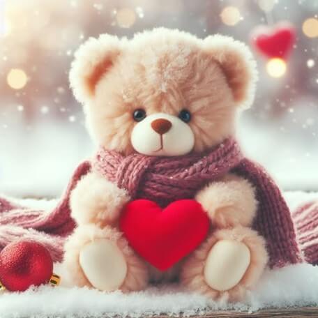 목에-보라색-목도리를-두르고있고-손에는-빨간-하트를-안고있으며-하얀-밍크코트에-앉아있는-밝은-갈색의-테디베어