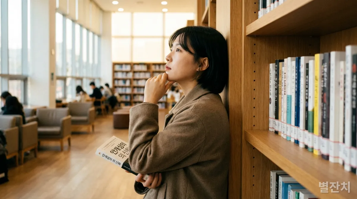 한국인 청년이 '재능의 신화'라는 제목의 책을 들고 생각에 잠긴 모습