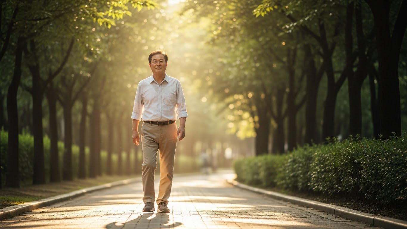 보험료 걱정을 덜고 활기차게 외부 활동을 즐기며 노후를 보내는 어르신의 건강한 모습