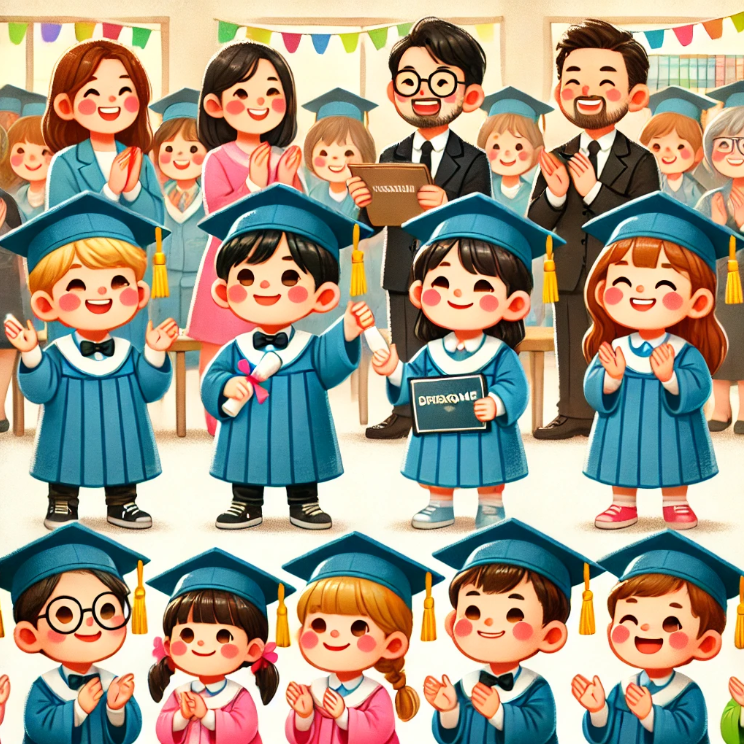 유아학비 지원을 받은 아이들이 유치원 졸업식을 맞아 기쁨을 나누는 모습