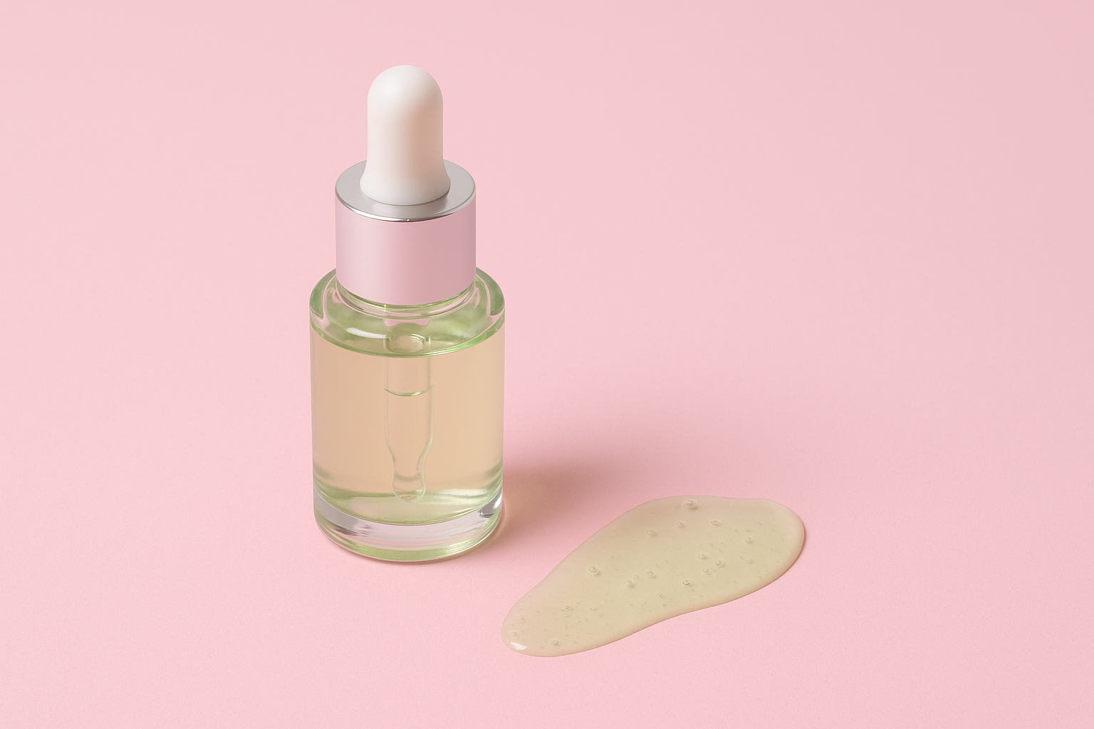 Z세대가 선호하는 클린 뷰티 성분이 담긴 젤 타입 세럼과 드랍퍼 병.
파스텔 핑크 배경 위에 연출된 트렌디한 뷰티 아이템.