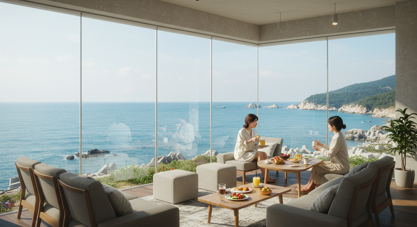 속초 카페 설해원 내부에서 한국인 커플이 파노라마 오션뷰를 즐기는 모습