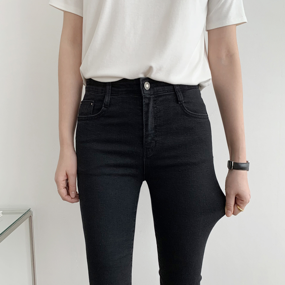 겨울 흑청 데님 블랙진 기모 여자청바지 밴딩 스판 컷팅 여성 일자 청바지 키작녀 흑청바지
