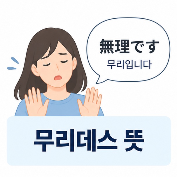 무리데스 뜻과 일본어 無理です 표기, 한국어 무리입니다 의미를 보여주는 교육용 이미지