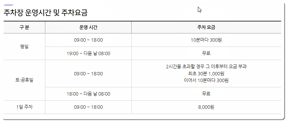 주차장 요금 및 운영시간