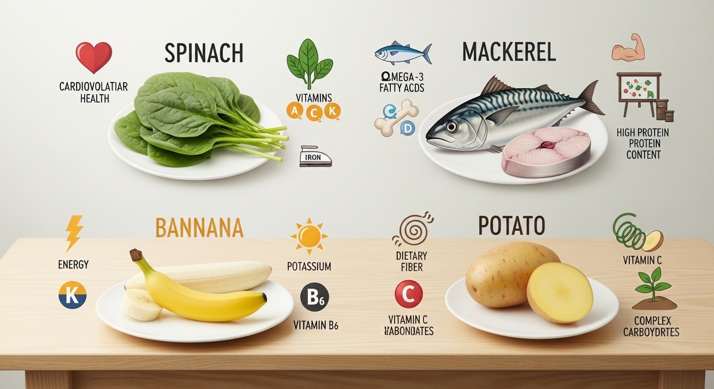 위 4가지 식품(시금치, 고등어, 바나나, 감자)이 예쁘게 배치된 식탁의 모습, 각각의 영양소 효능