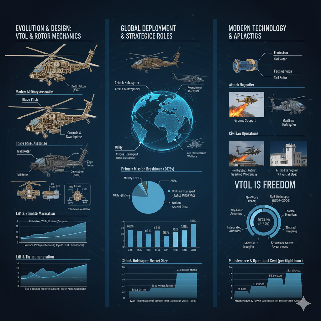 An infographic on helicopter and VTOL technology. Left panel shows internal rotor mechanics and lift generation. Center panel displays global deployment and mission breakdowns. Right panel details attack systems and civilian operational roles like firefighting and EMS.