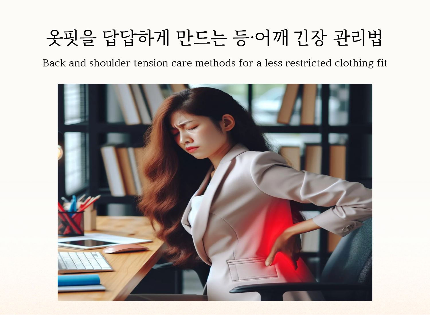 A woman holding her back, representing back and shoulder tension affecting clothing fit