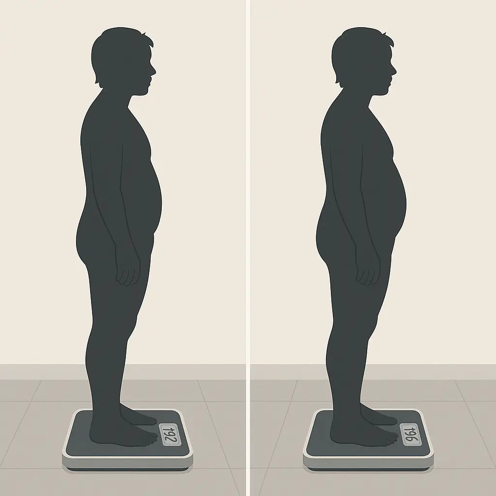 하루 중 아침과 저녁에 같은 사람 실루엣이 체중계에 올라가 서로 다른 수치를 보여주는 모습