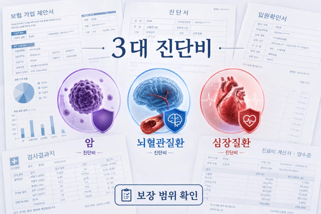 각종 병원 서류를 배경으로 3대 진단비(암, 뇌, 심장) 보험의 중요성과 확인 사항을 시각화한 인포그래픽 이미지