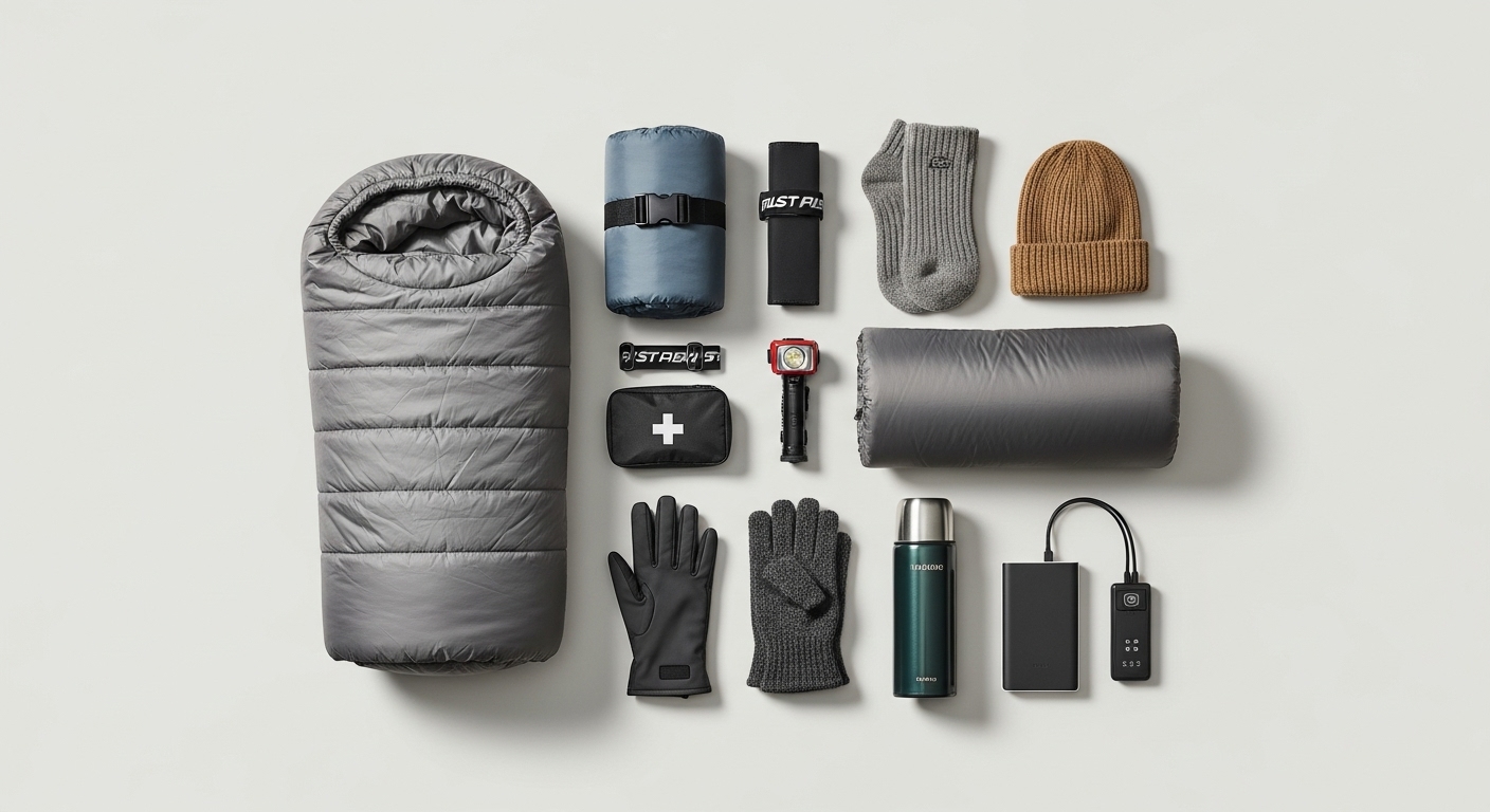 겨울 캠핑 필수 준비물들을 깔끔하게 정리해 놓은 평면도: 침낭, 매트, 양말, 모자, 장갑, 랜턴, 구급상자, 보온병, 보조배터리