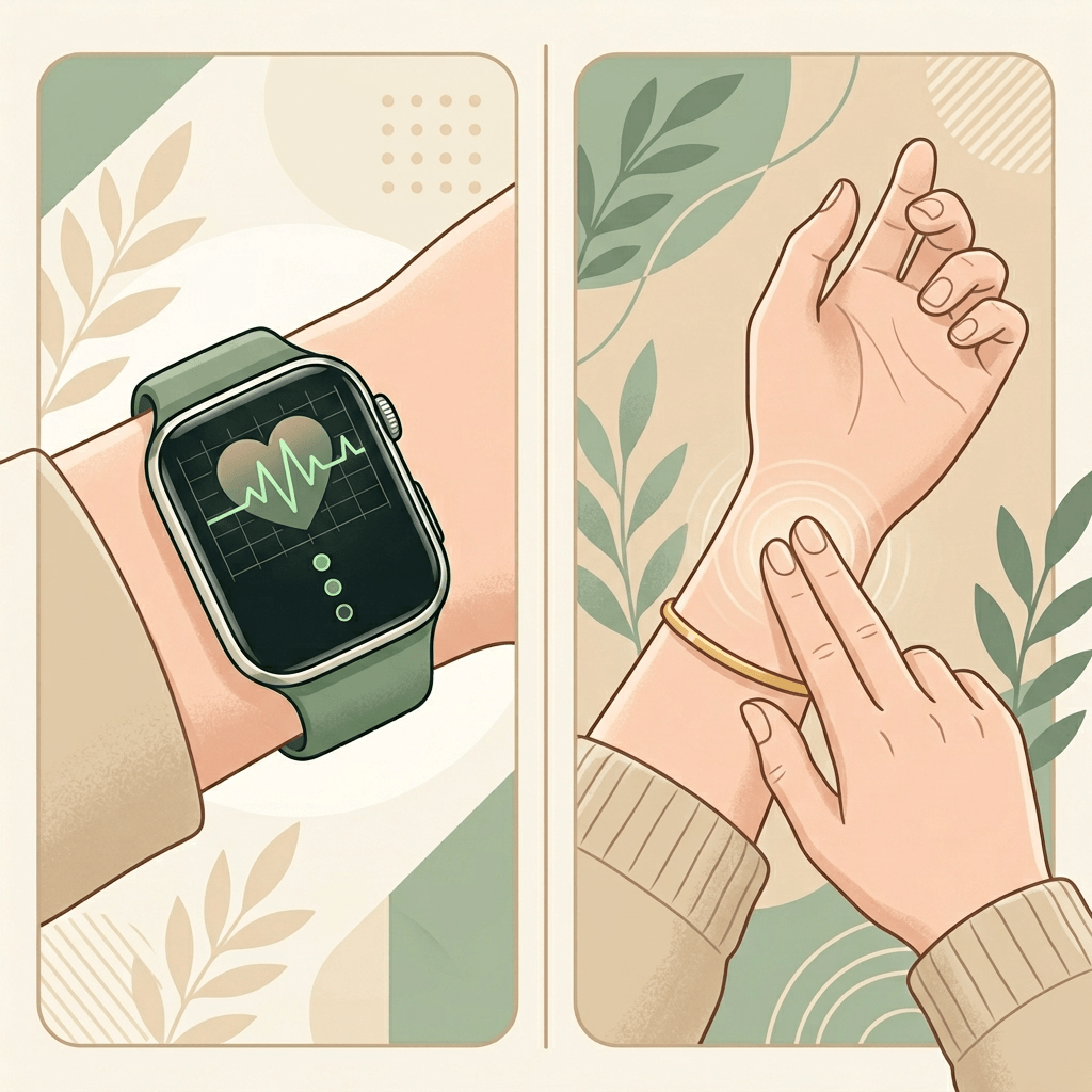 스마트워치 심박수 기록 화면과 손목 맥박 측정을 나란히 보여주는 일러스트