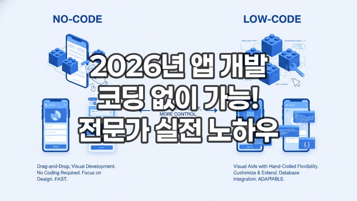 노코드와 로우코드의 개념을 비교하는 인포그래픽. 시각적인 블록으로 이루어진 노코드와 최소한의 코드를 포함하는 로우코드의 차이점을 보여줍니다.