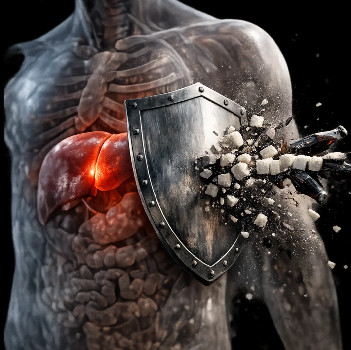 지방간에서 간을 보호하는 방패 개념을 표현한 3D 의료 일러스트